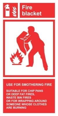 Знак Пожарное полотно (кошма), используемое для тушения пожара (Fire blanket use for smothering fires)