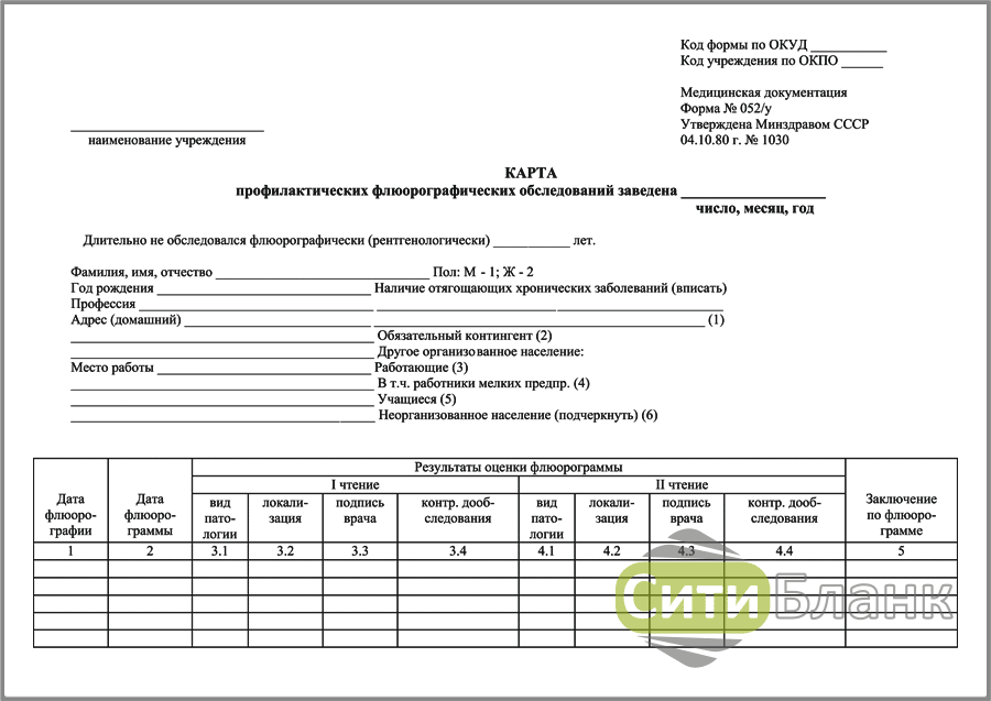 Форма 052 у карта профилактических флюорографических обследований