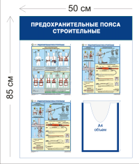 Стенд Предохранительные пояса строительные 85х50см (1 объемный карман А4 + 3 плаката)