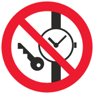 Запрещающий знак Запрещается иметь при (на) себе металлические предметы (часы и т.п.) P27