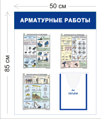 Стенд Арматурные работы на стройплощадке 85х50см (1 объемный карман А4 + 3 плаката)