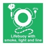 Знак Спасательный круг со светящимся буем, линем и дымовой шашкой (с надписью), ИМО (Lifebuoy with light, line and smoke IMO)