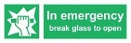 Знак В аварийной ситуации разбейте стекло, для открытия ИМО (In emergency break glass to open IMO)