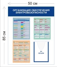 Стенд Организация обеспечения электробезопасности 85х50см (1 объемный карман А4 + 3 плаката)