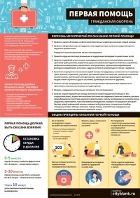 Плакат Первая помощь. Гражданская оборона. Перечень мероприятий по оказанию первой помощи, 1 лист